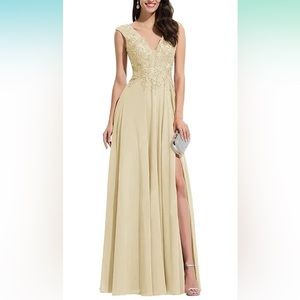 CHAMPAGNE Evening Dresses with Slit for Women V-Neck Long Strap Satin A-line